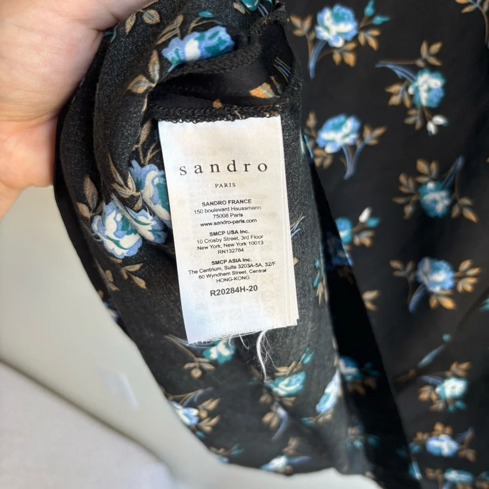 Sandro Paris Black Floral Button-Front Satin Dress- Size 38 (US 6) 100% Viscose - Picture 14 of 14
